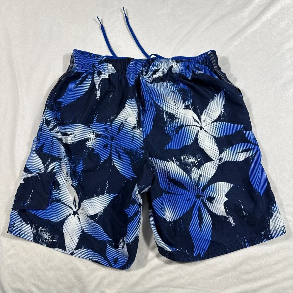Nike Swim Trunks Shorts Mens L Blue Black‎ White Floral Print Lined Pockets